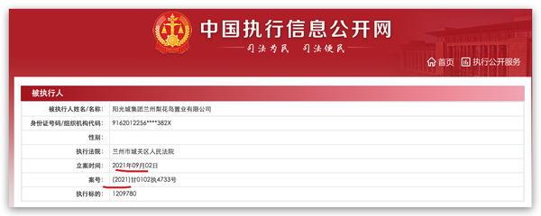 陽光城集團蘭州梨花島置業被列為被執行人，執行標的約121萬元